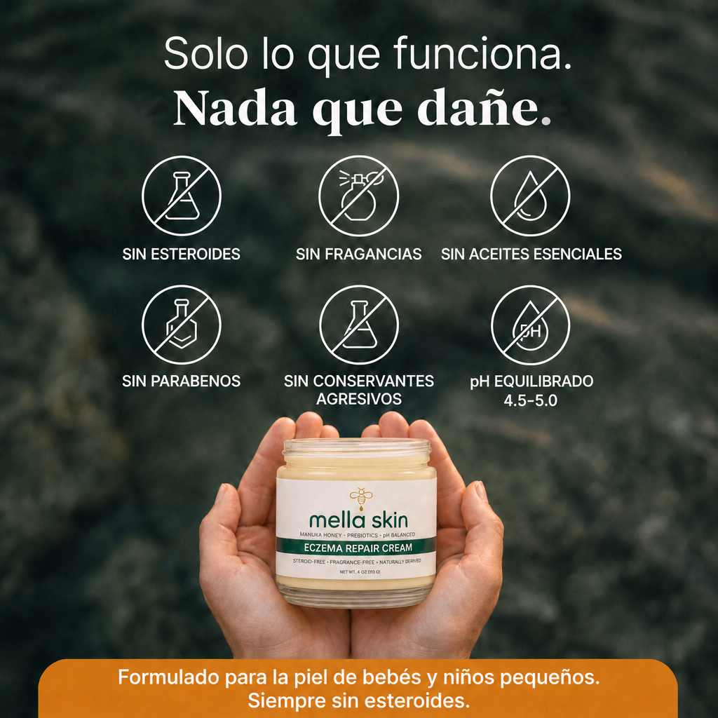 Frasco de Mella Skin entre dos manos, con iconos de la fórmula y el texto «Solo lo que funciona. Nada que dañe».