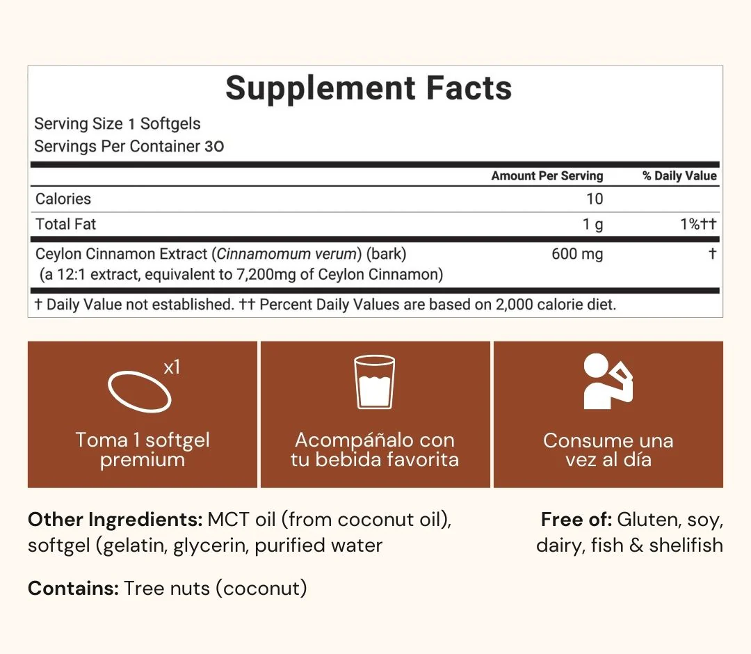 Canela de Ceilán equivalente a 7,200 mg con Aceite MCT