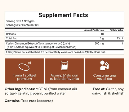 Canela de Ceilán equivalente a 7,200 mg con Aceite MCT