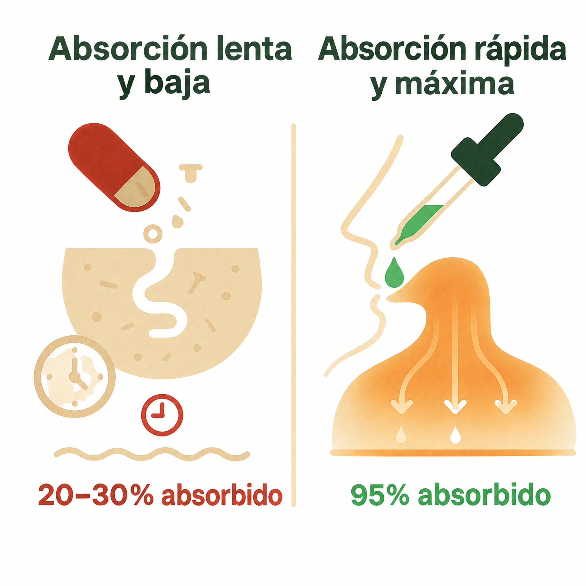 Comparación ilustrada de absorción en pastillas y líquido